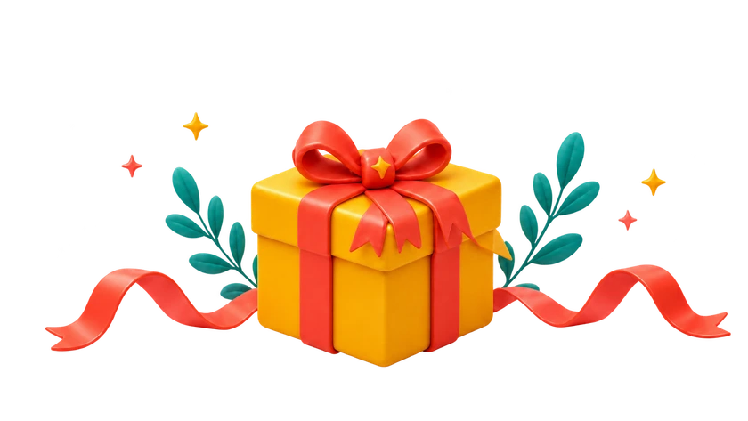 Golden gift with a coral bow and teal leaves